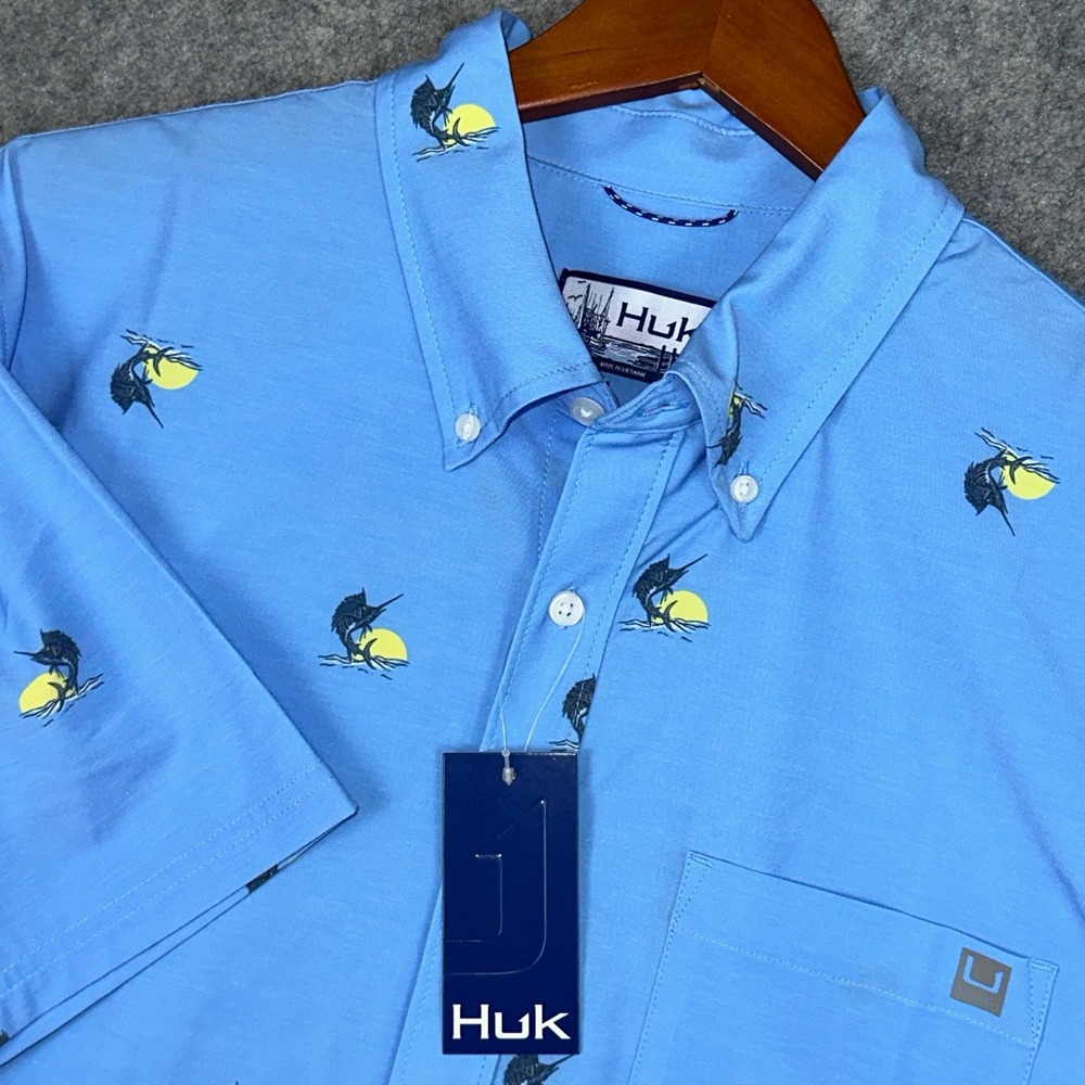 Huk Shirt Mens L Blue Kona Printed SS Marlin Fishing Button Down H1500212 UPF 30